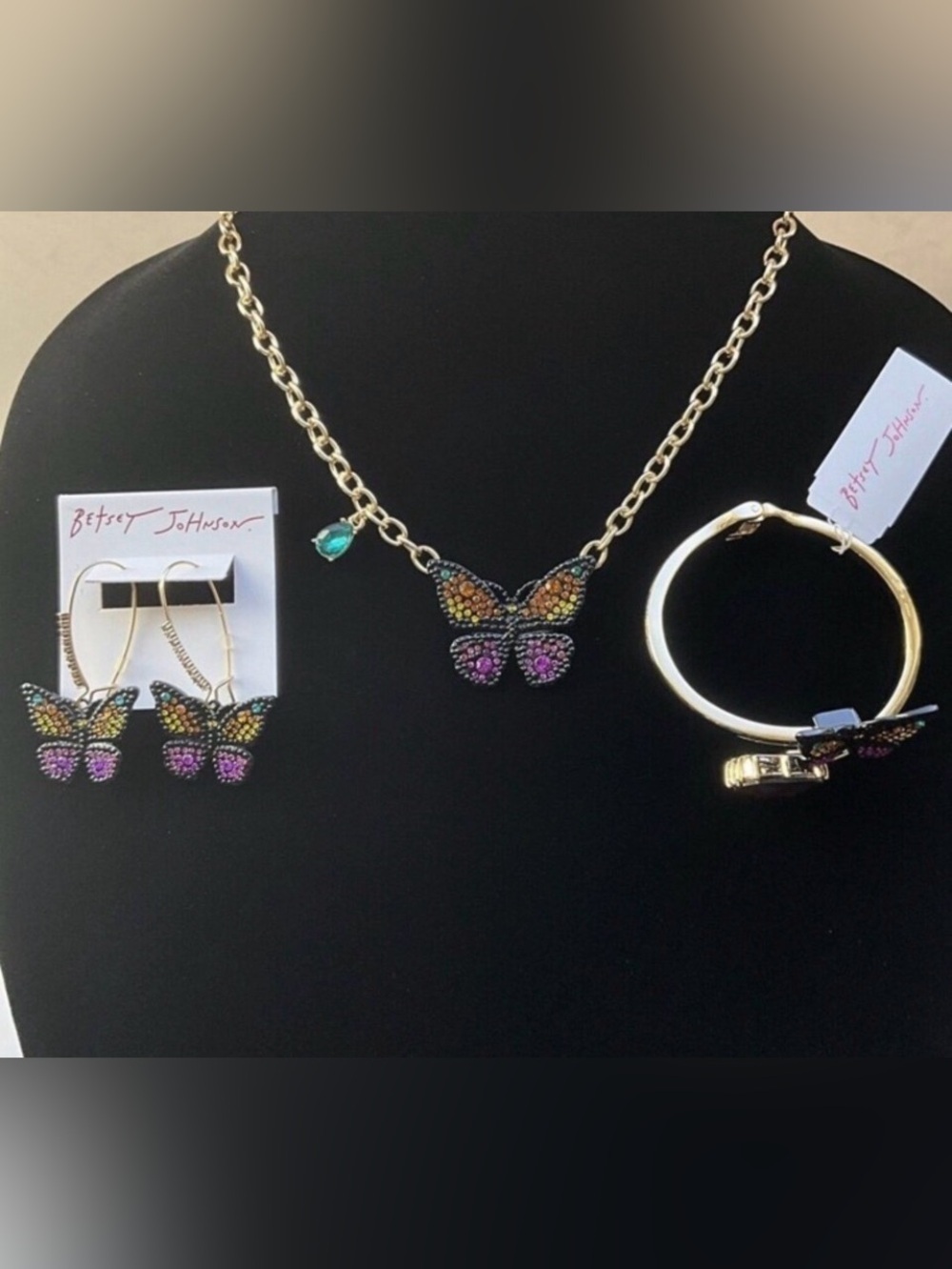 BETSEY JOHNSON SET Crystal-Studded Butterflies Bracelet Earrings & Necklace NWT